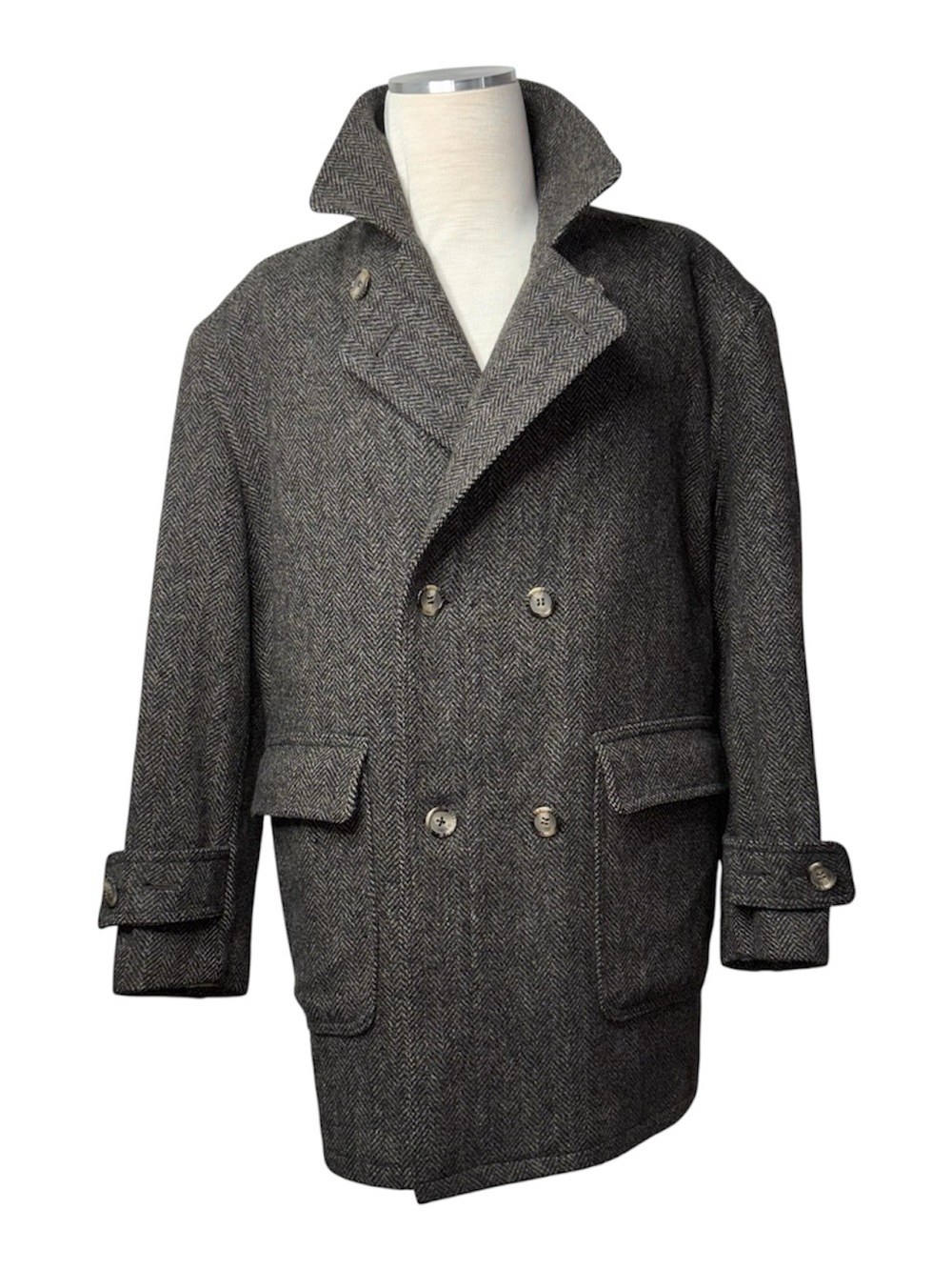 VTG Yorkshire & Hill Wool Tweed Double Breasted Peacoat Trench 42R Herringbone